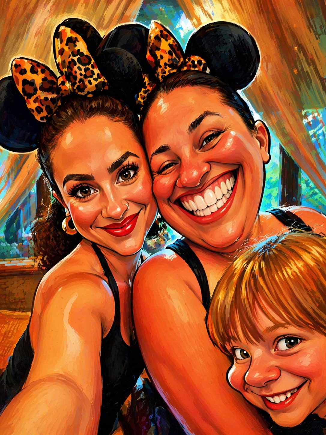 A painted caricature of Katie, Cristina and Quinn in their leopard Minnie ears
